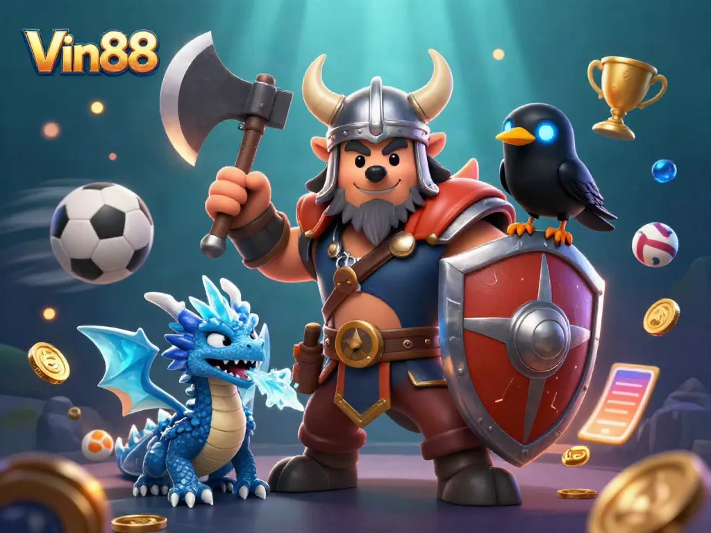 Engage in thrilling gameplay at Vin88 with a Viking wolf warrior and magical dragon.