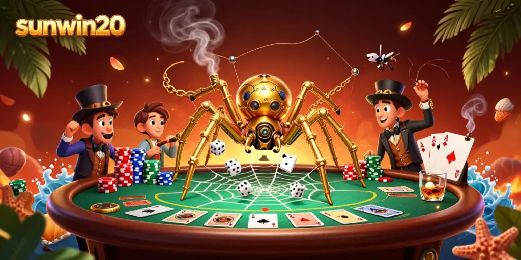 Experience thrilling wins with sunwin20's golden spider and poker elements in a dynamic casino scene.