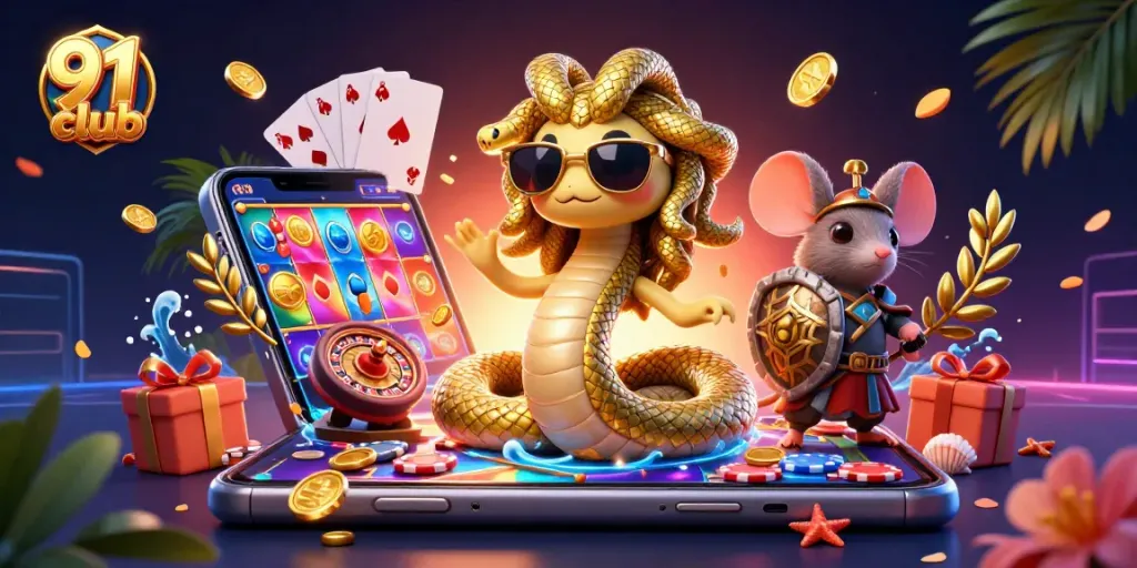 Engage with the thrilling 91 club gaming experience featuring colorful slot games, golden coins, and strategic play.