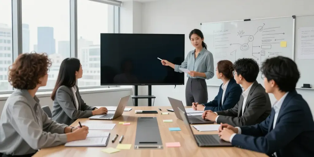 Team discussing strategies in a modern office during a meeting for more help.
