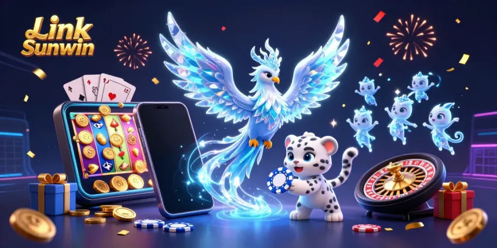 Exciting scene showcasing Link Sunwin features with a colorful smartphone, vibrant characters, and casino elements.