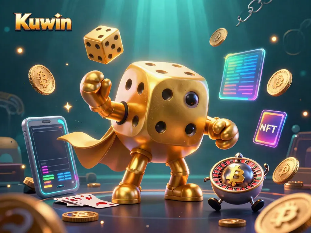 Kuwin casino features a playful golden dice golem and a roulette-ball companion amidst vibrant crypto elements.