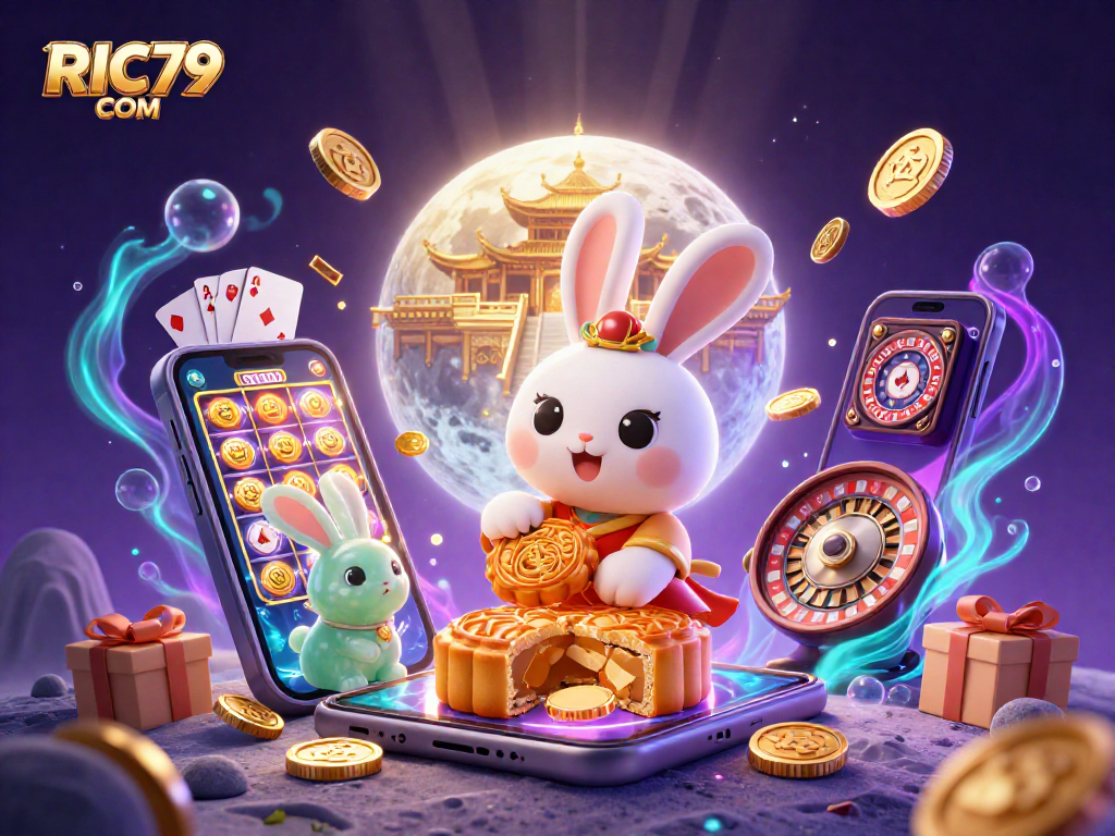 Engage with RIC79 COM through a vibrant lunar casino experience, featuring poker chips and golden coins.