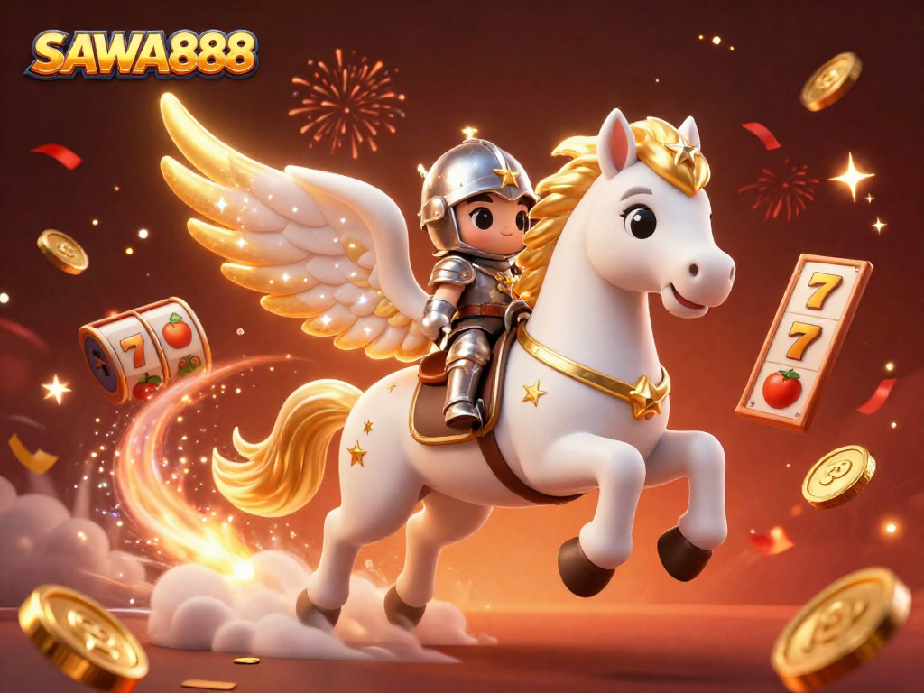 Experience the thrill of SAWA888 slots with a celestial horse and knight amidst stunning casino elements.