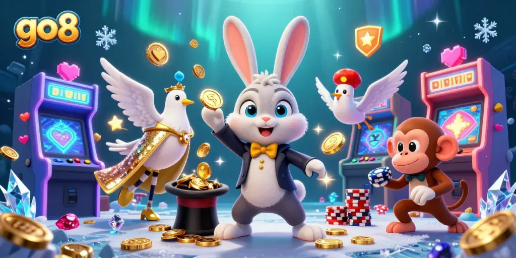 Experience big wins with go8's vibrant casino rewards as a magician pulls golden coins from a hat.