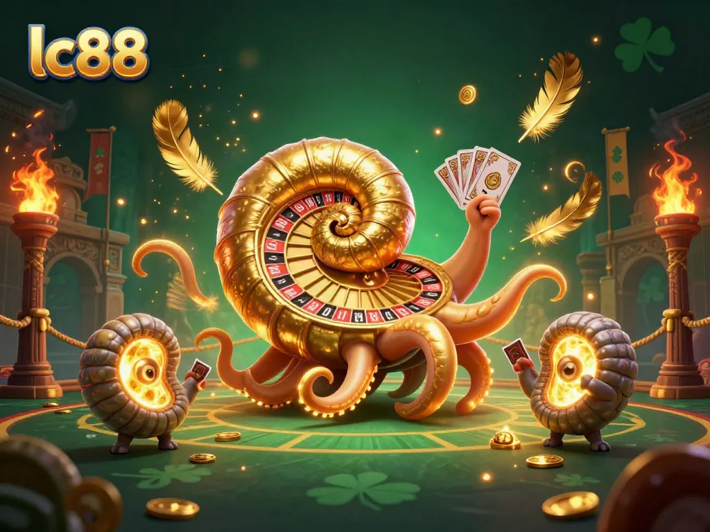 lc88 casino features a giant nautilus roulette wheel, colorful betting elements, and glowing companions in action.
