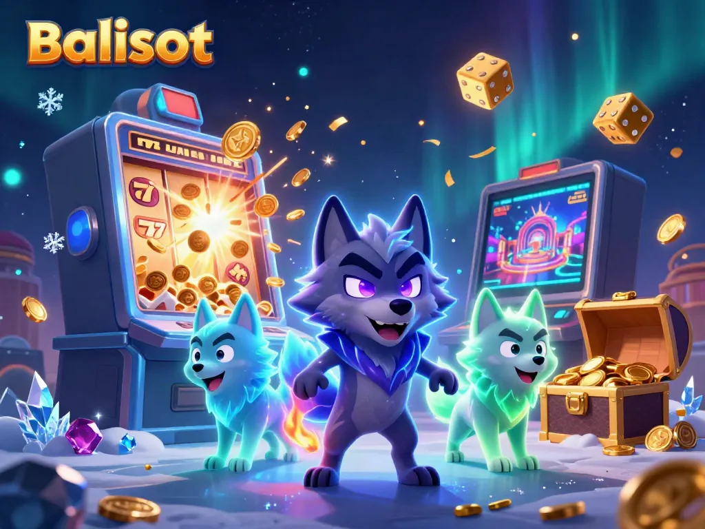 Balislot showcases a dynamic casino scene with animated wolves and vibrant slot machine action.