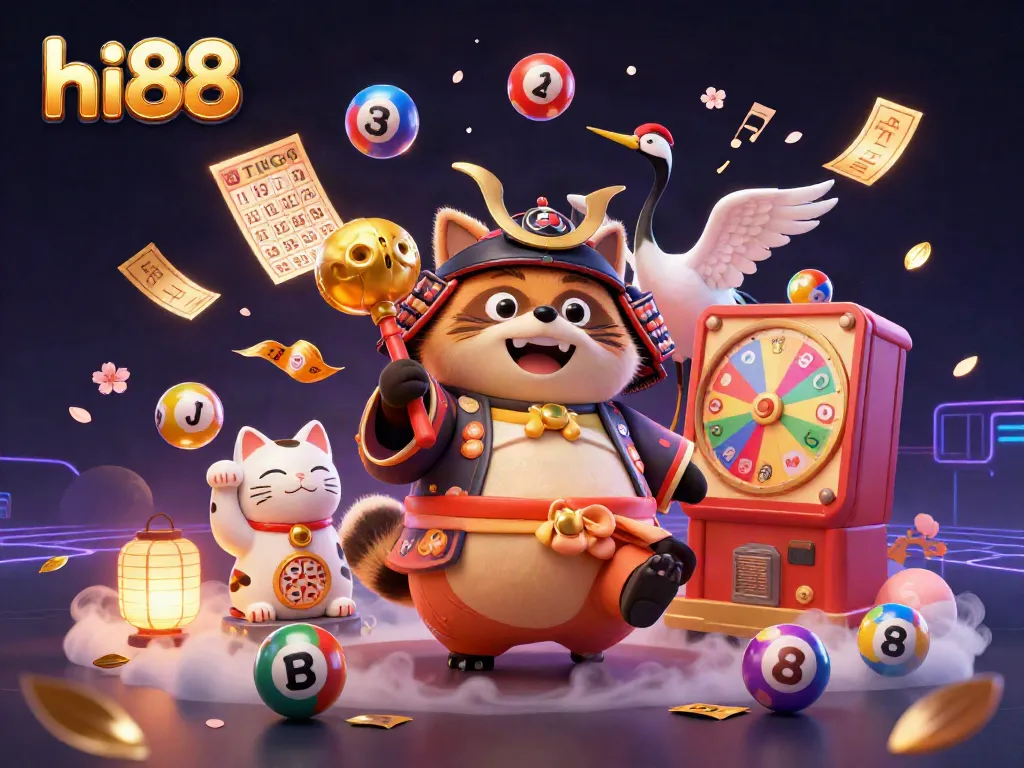 Experience gaming excitement with the vibrant hi88 cartoon scene showcasing lucky tanuki, crane, and fortune cats.