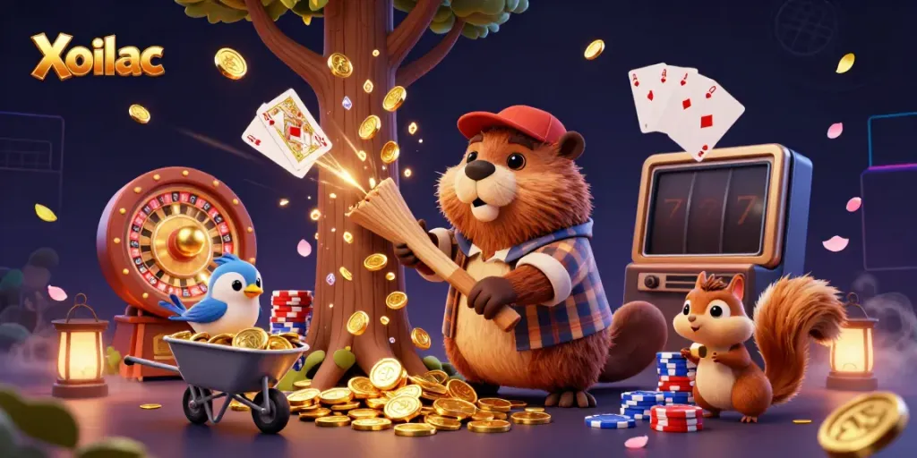 Xoilac showcases an exciting gambling scene with characters collecting golden coins and interacting with vibrant casino elements.