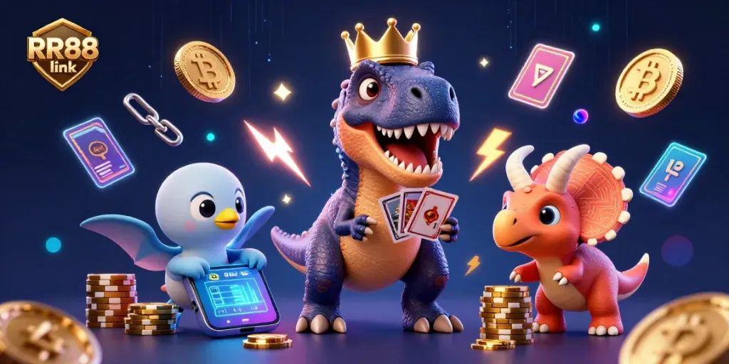 Engage with dynamic games at RR88 link as a T-Rex and friends shuffle cards and stack chips.