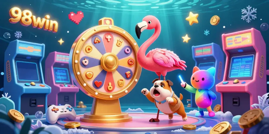Experience thrilling gameplay with 98win's vibrant prize wheel and joyful characters in a dynamic game-winning scene.