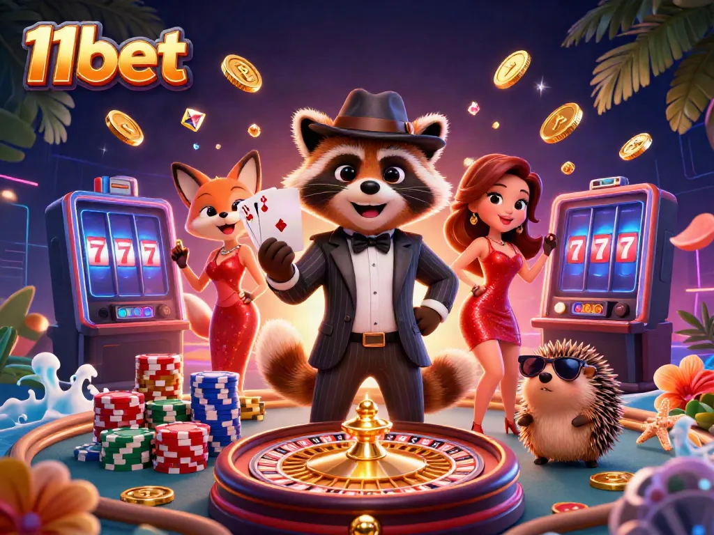 Delight in the world of 11bet casino with a raccoon and friends celebrating a big win.