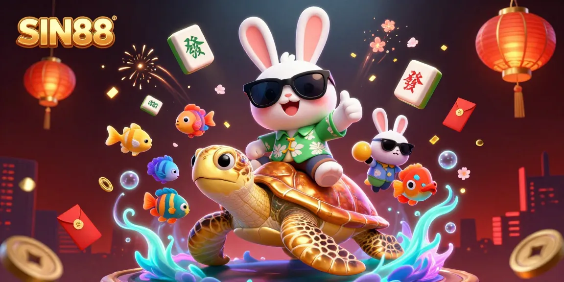 SIN88 showcases a vibrant casino scene with a lucky rabbit and golden turtle celebrating wins.