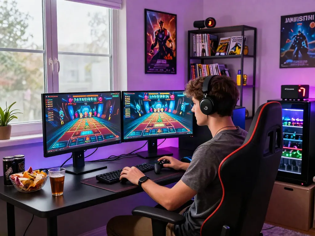 Engaging young adult in a stylish home gaming room exploring us online casinos on dual monitors with vibrant LED lights.