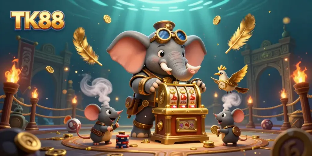 Win big with TK88 in a vibrant 3D casino scene featuring steampunk elements and golden treasures.