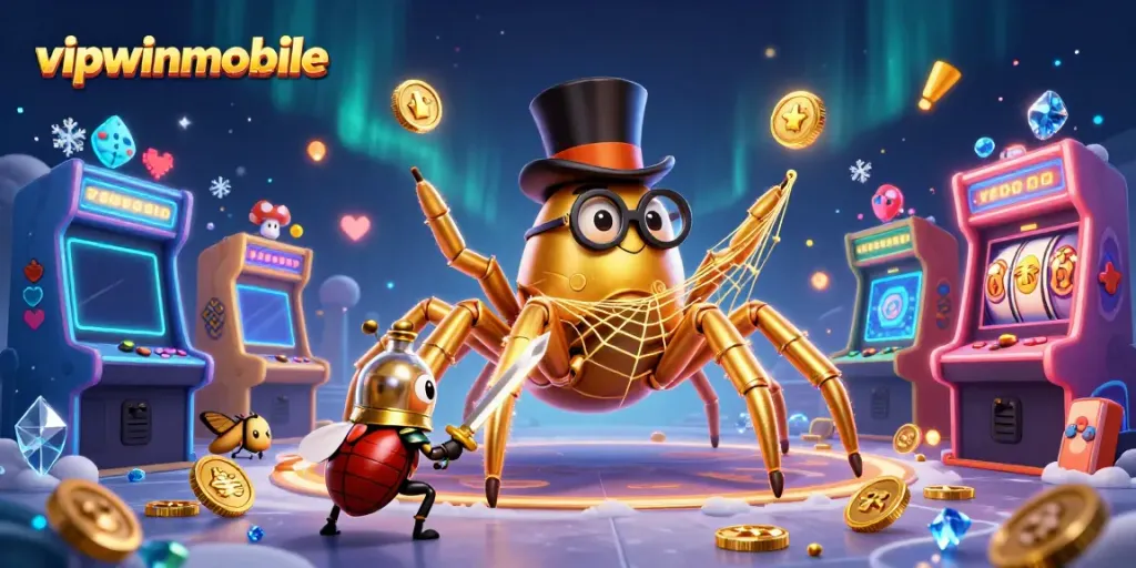 Engage in the vipwinmobile experience with 3D cartoon characters in a vibrant casino-themed scene.