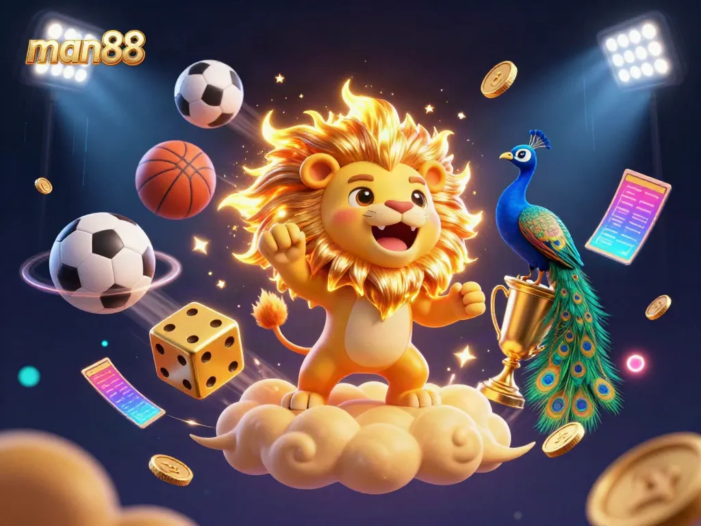 Experience thrilling gameplay at man88 with a dynamic scene of a lion and exciting sports elements.