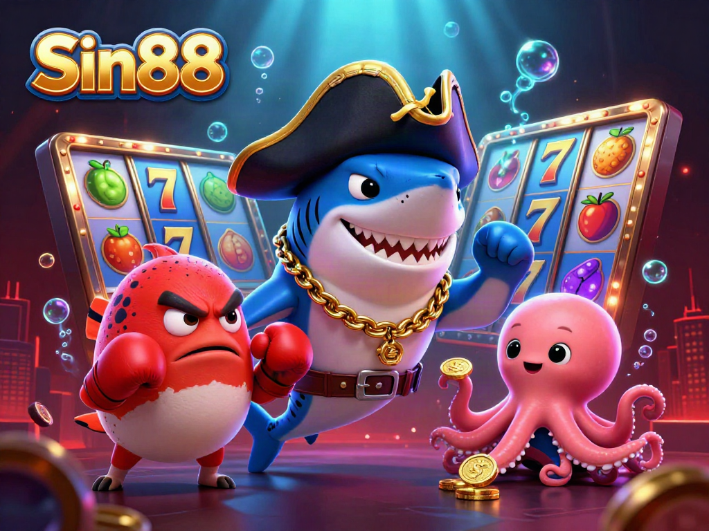 Experience the thrill of Sin88 slots with a playful pirate shark, pufferfish sidekick, and an octopus holding coins.