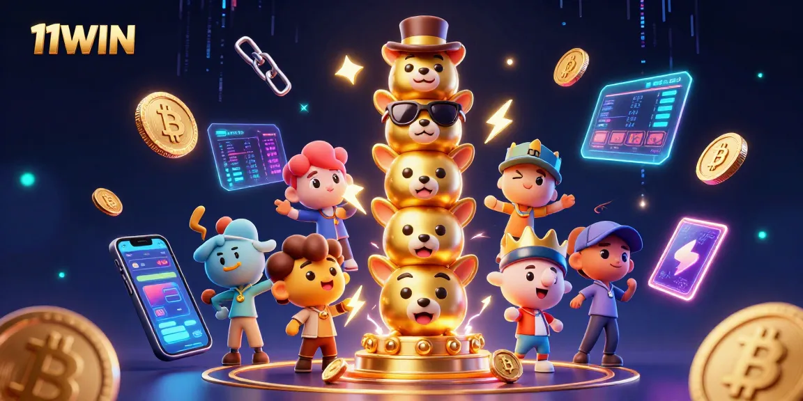 Engage with the vibrant 11WIN casino world, featuring a dynamic totem pole and crypto elements.