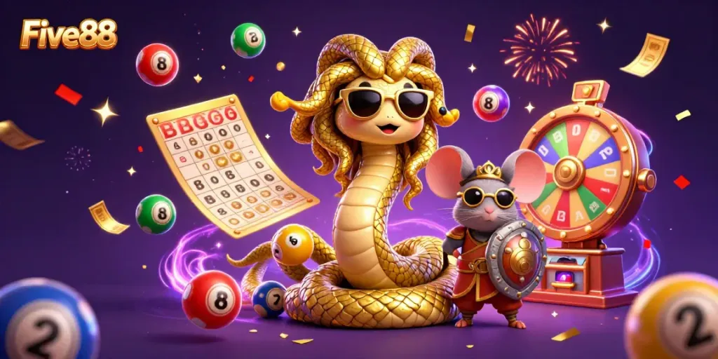 Five88 engages players with vibrant lottery balls and dynamic prizes in this lively illustration.