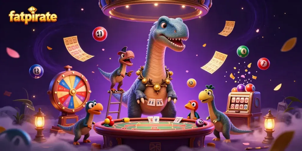 Experience thrilling action with fatpirate in this vibrant casino illustration featuring dynamic games and characters.