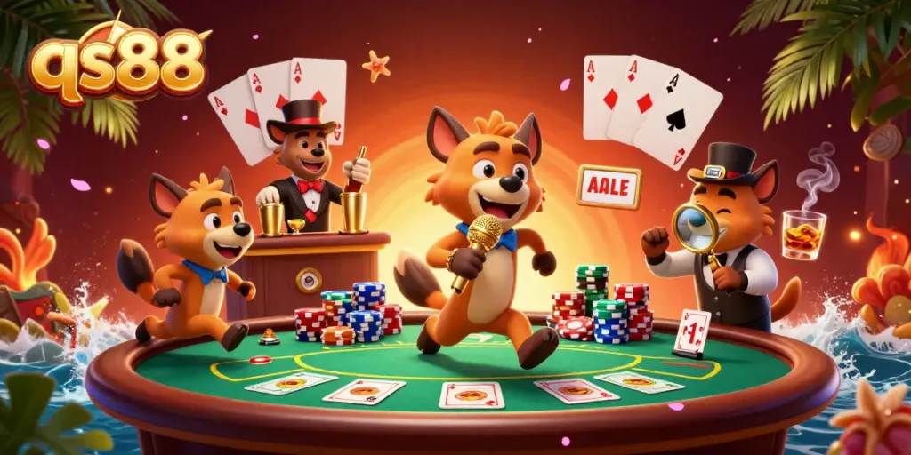 Experience excitement at qs88 with lively hyena characters in a vibrant casino scene, showcasing fun poker elements.