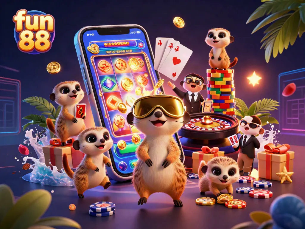 Engage with fun 88 as meerkats run a lively casino, showcasing thrilling game elements.