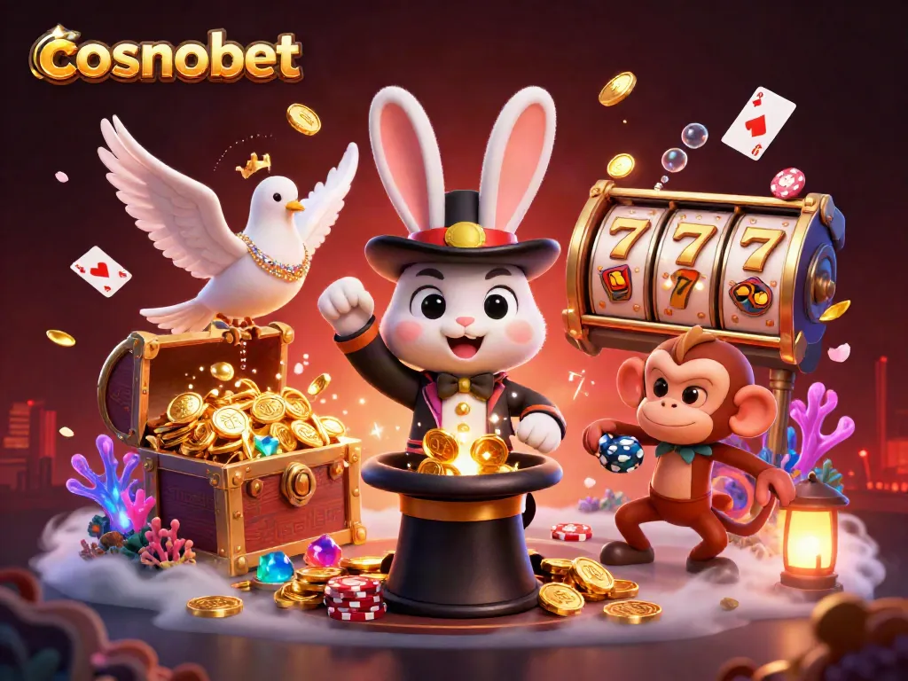 Experience the magic of cosmobet with captivating casino games as a charming rabbit and friends create excitement in this vibrant scene.