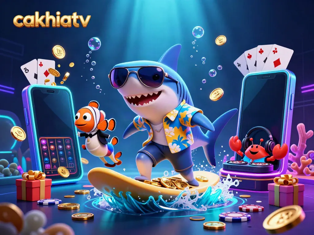 Experience thrilling casino action with cakhiatv's vibrant underwater gambling scene featuring fun characters.