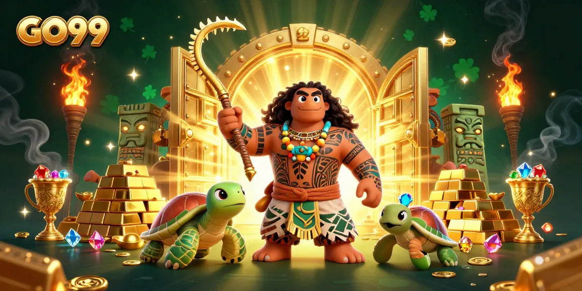 Experience thrilling gameplay with GO99, featuring a vibrant 3D scene of a demigod and treasures.