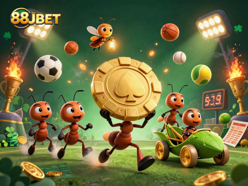 Experience thrilling gameplay with 88JBET as playful ants carry a massive poker chip through an exciting heist scene.