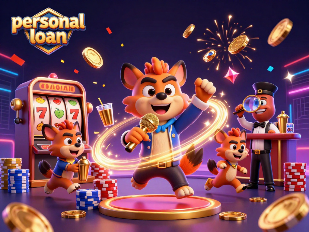 Engaging personal loan illustration with hyenas in a comedy casino, featuring lively slot reels and sparkling tokens.