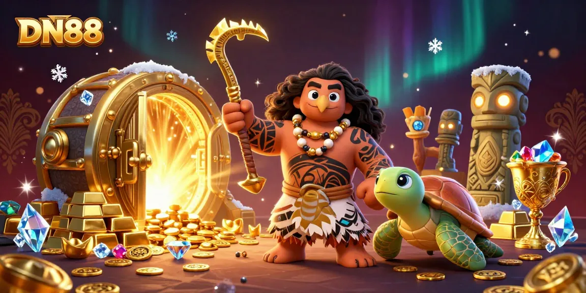 Experience the thrill at DN88 with a vibrant illustration of a Polynesian demigod exploring golden treasures and gaming.