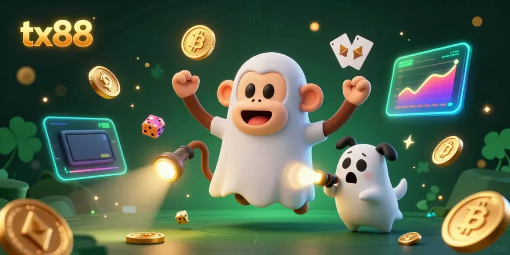 Experience thrilling gambling at TX88 with a ghostly monkey and curious puppy in a haunted casino.