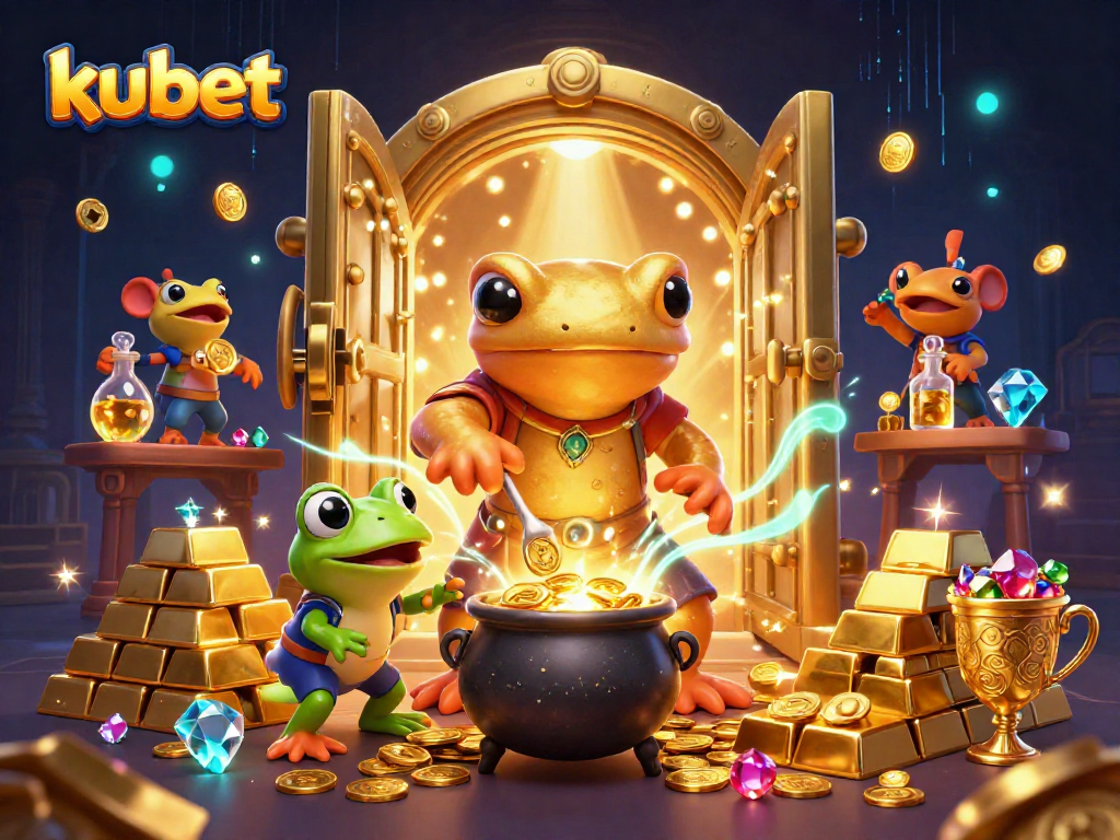 Experience thrilling gameplay with kubet, showcasing a golden alchemist in a vibrant casino treasure scene.