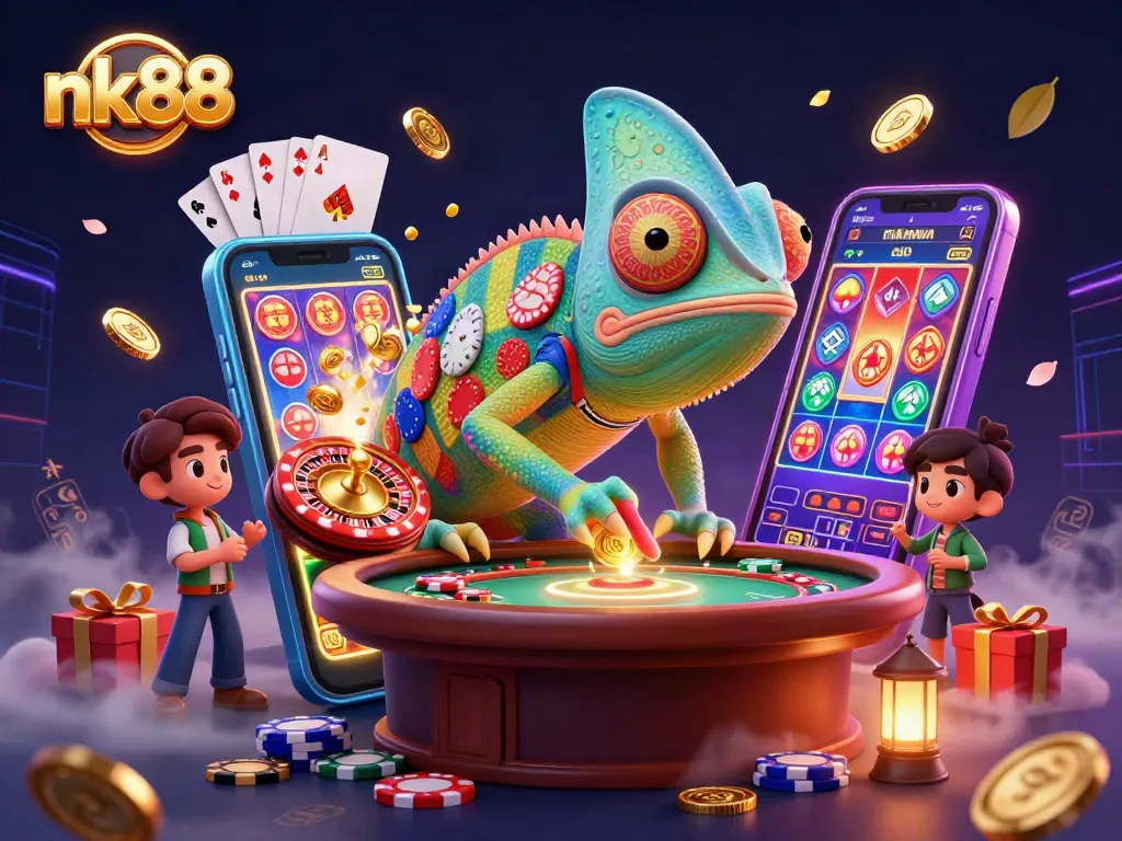 Engage with vibrant nk88 casino games featuring a chameleon owner at the roulette table.