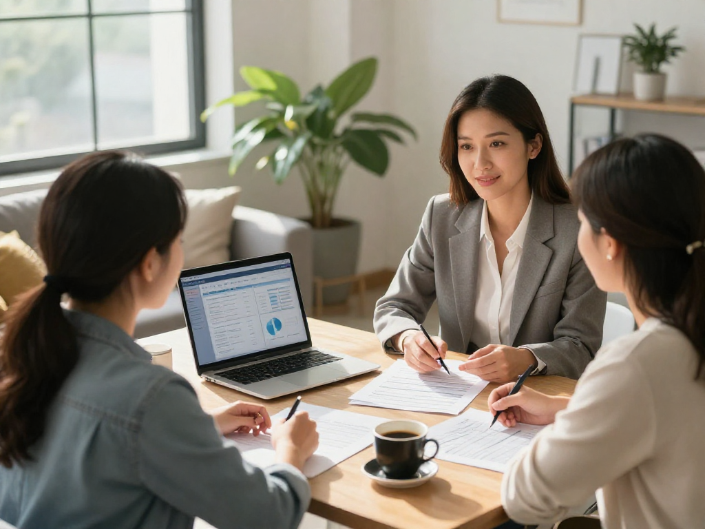 Couple consulting with a financial advisor at https://credit-consolidation.ca/ about debt consolidation options in a welcoming office.
