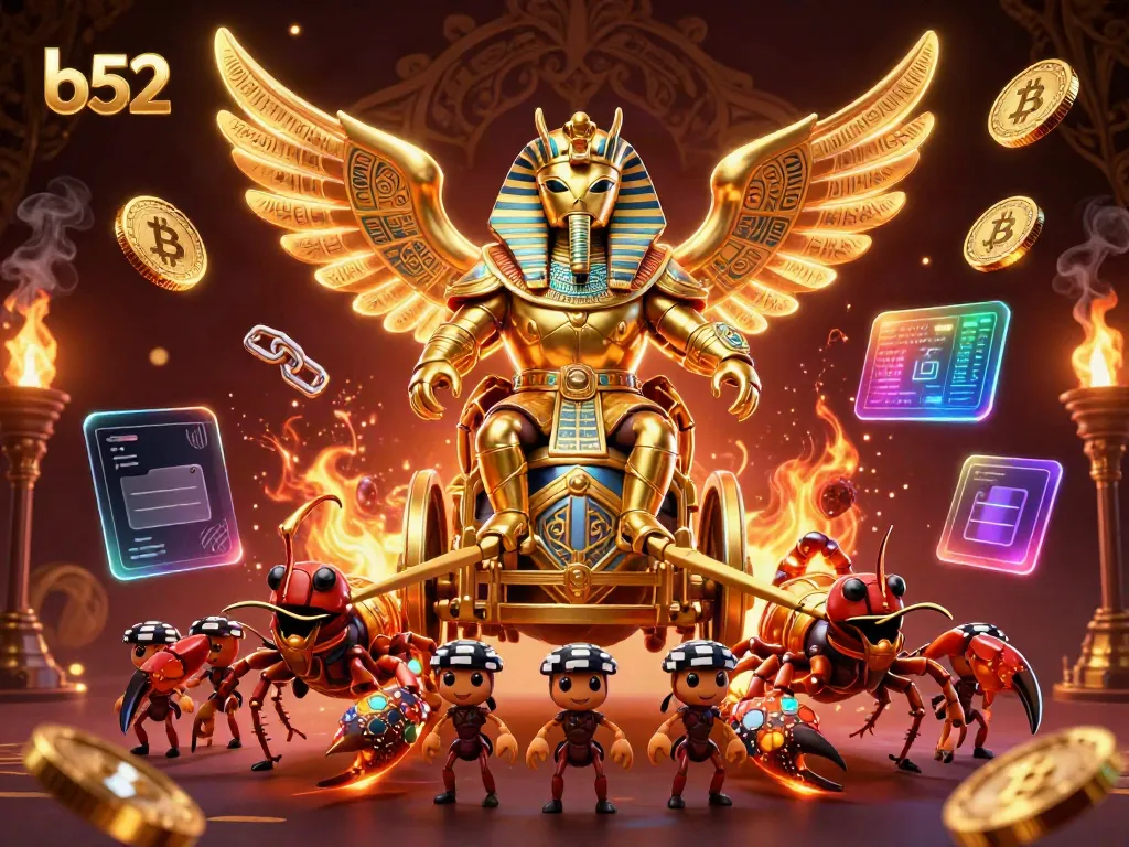 Engage with B52's colossal scarab character in a vibrant casino environment while exploring thrilling gaming opportunities.