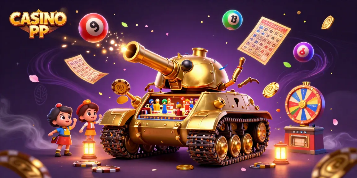 Experience the excitement of CASINO PP with a vibrant 3D illustration of a golden beetle tank and lively casino elements.