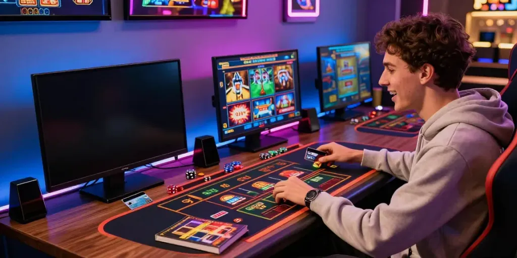 Player at a credit card casino gaming station excitedly engaging with live dealer games while surrounded by vibrant gaming decor and modern technology.