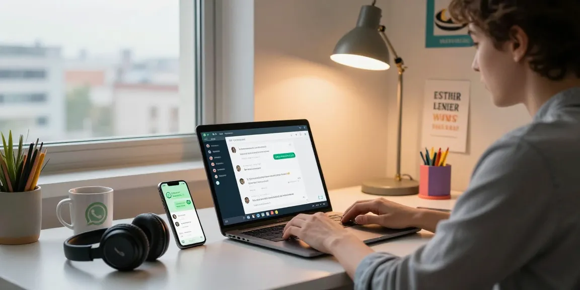 WhatsApp電腦版 desktop application in use, modern workspace with laptop and smartphone notifications.