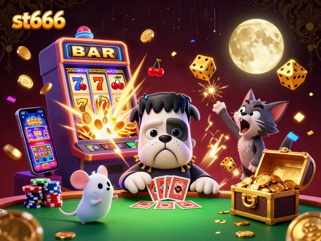 st666 shines in a lively casino scene with jackpot-winning action and vibrant characters.
