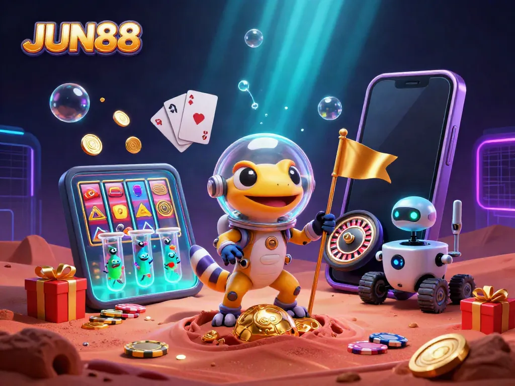 Engage in thrilling gaming adventures with JUN88 as a Martian gecko uncovers a golden casino on Mars.