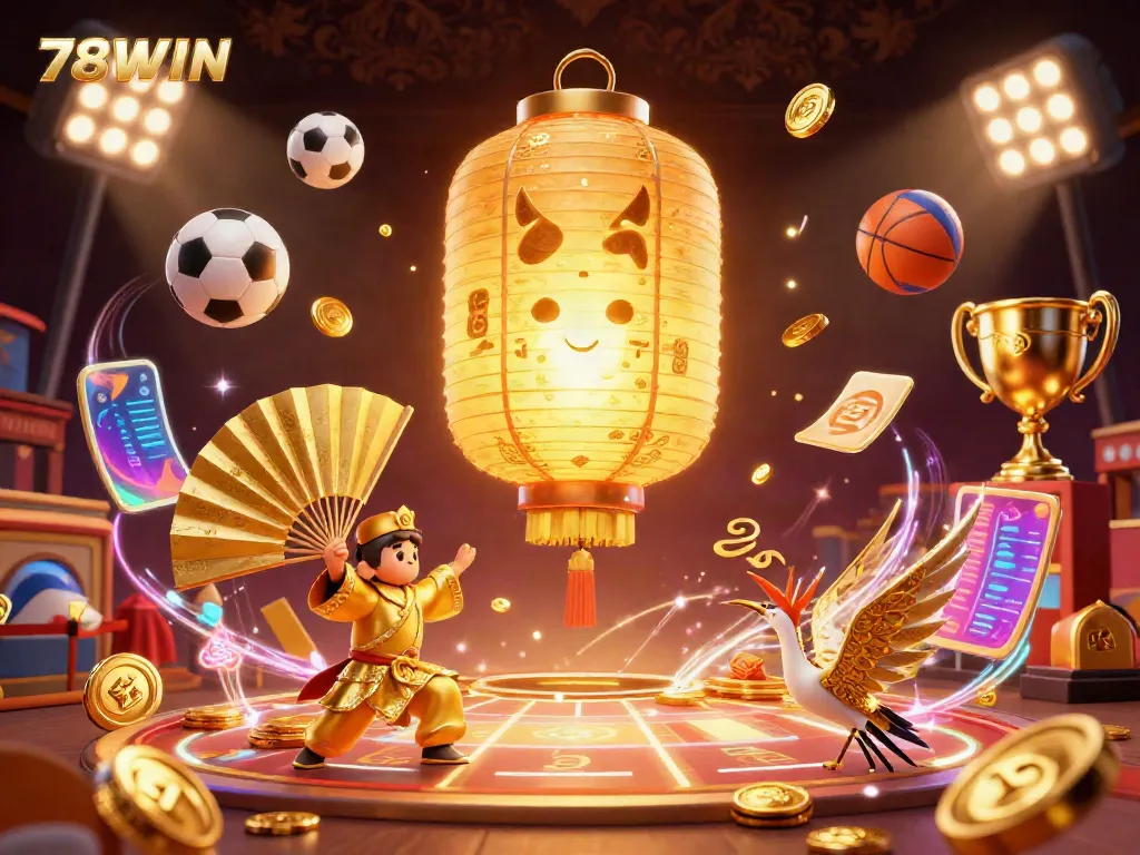 Experience the excitement of 78WIN casino through an elaborate 3D illustration showcasing vibrant games and golden symbols.