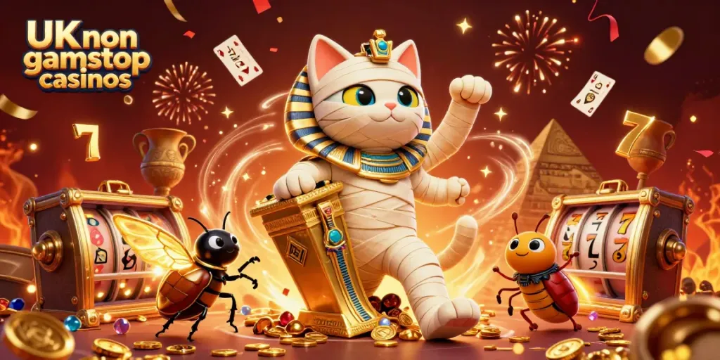 Engaging vibrant scene featuring UK non gamstop casinos cat and scarab companions celebrating in a dynamic casino.