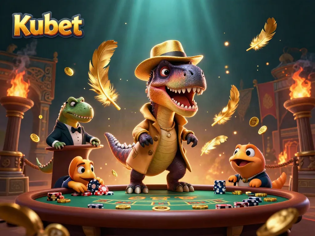 Kubet casino scene with a playful velociraptor card counter and a stegosaurus pit boss