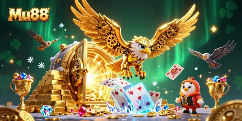 Dynamic illustration of Mu88 highlighting gaming rewards with a golden eagle amidst treasure and holographic cards