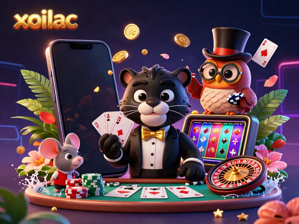 Xoilac presents an engaging 3D cartoon scene of a panther dealer, owl, and mouse amidst vibrant casino elements.