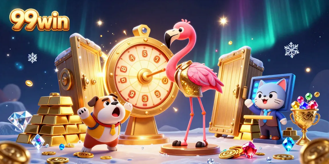 Spin to win with 99win's vibrant game show scene featuring excitement and treasures.