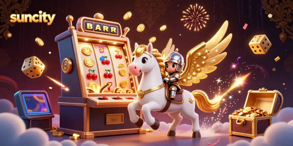 Suncity-themed illustration showcasing a celestial horse and knight amidst dynamic casino elements.